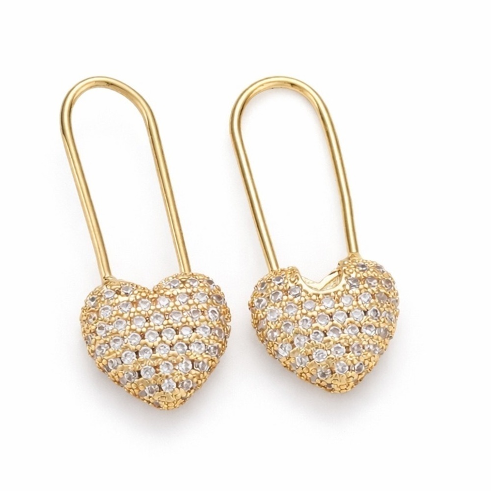 Gold Heart Pave Safety Pin Earrings (7020)